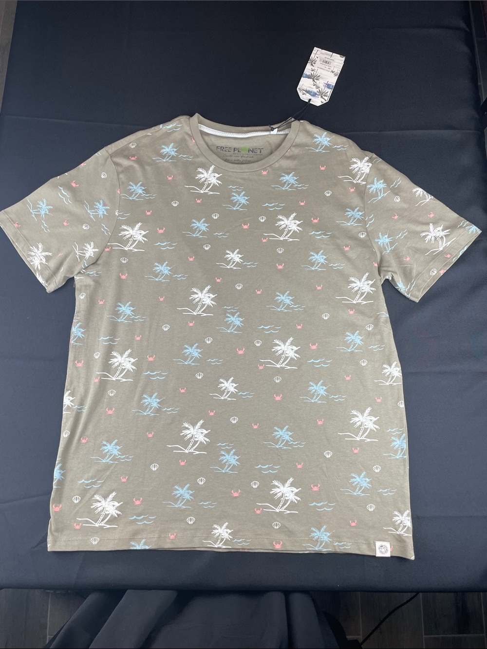 Free Planet Olive Palm & Wave Print Short-Sleeve Tee with Blue and White Accents
